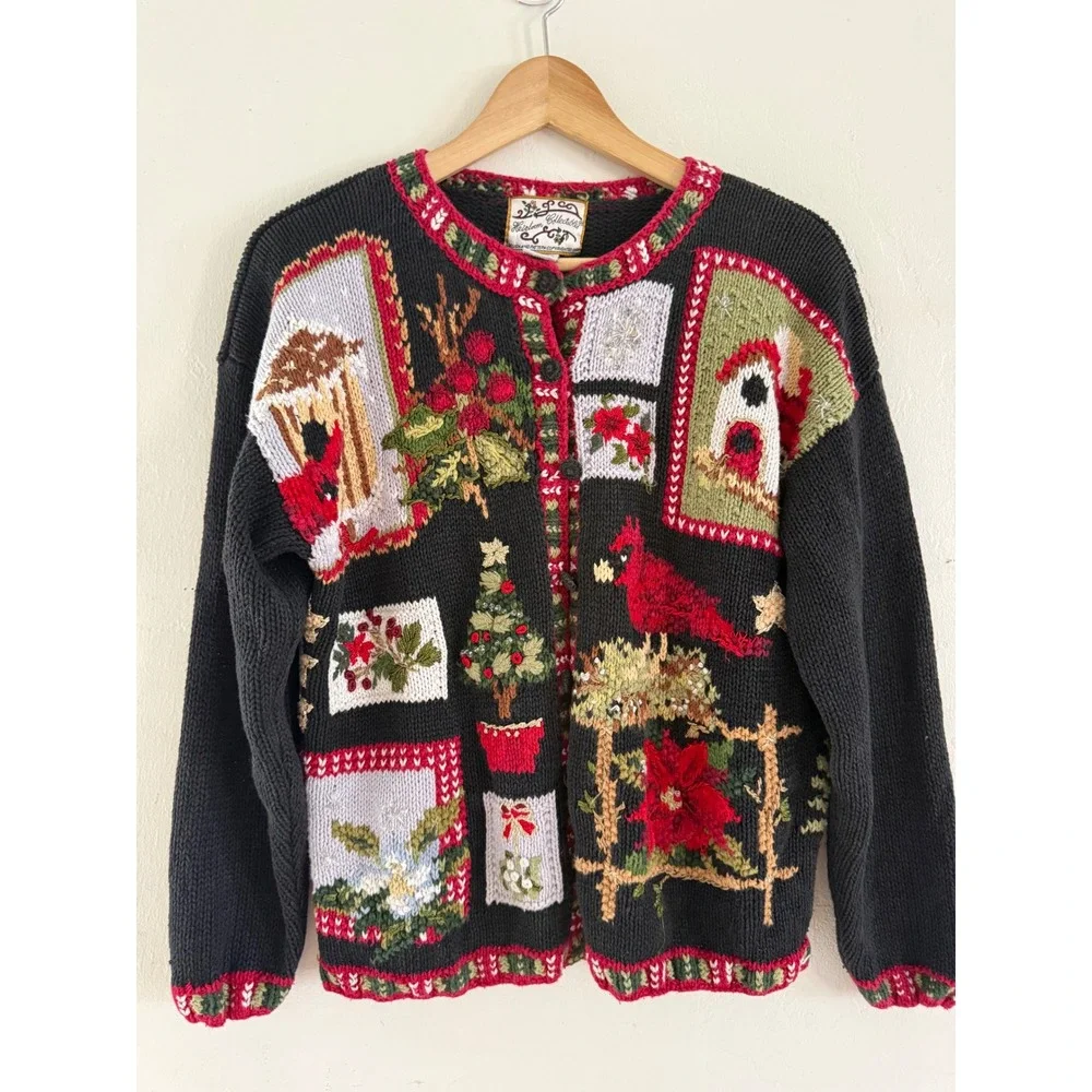 Heirloom Collectibles Vintage Christmas Cardigan Black Cardinal Birdhouse Med M